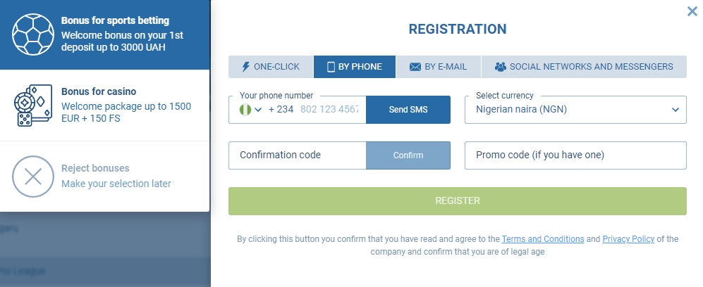 1xBet Registration by Phone